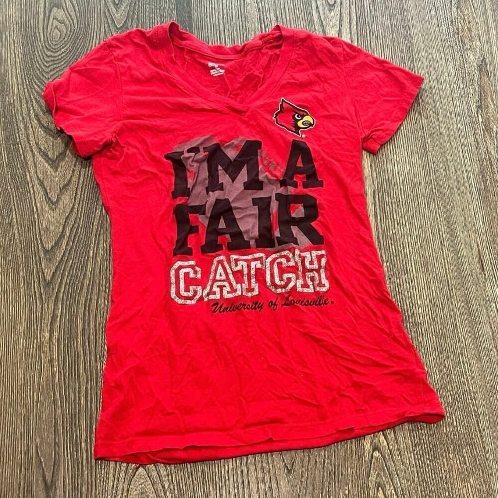 Soffe Louisville Cardinals Graphic T-Shirt Short Sleeve V-Neck Cotton Red Size M